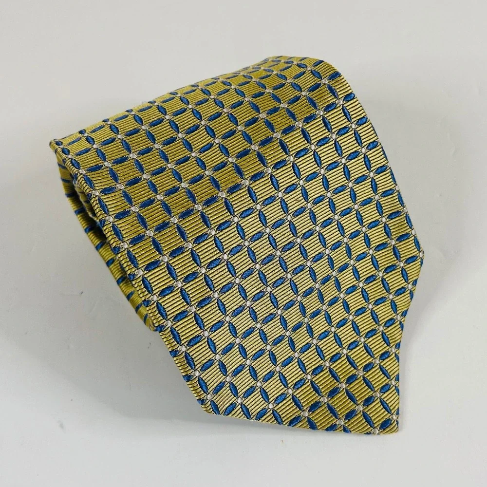 Brooks Brothers Necktie Yellow Blue Geometric Silk Woven Italy Mens 3 3/4 x 59